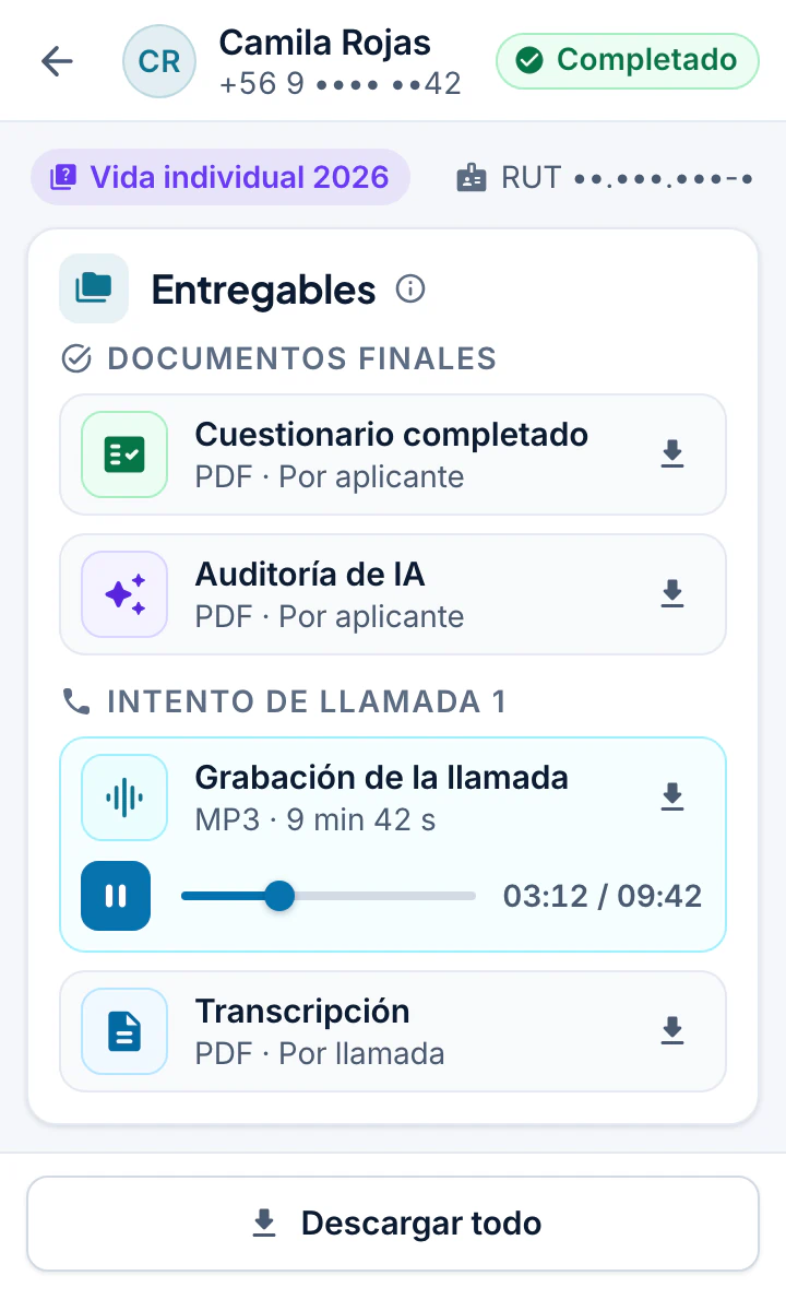 Pantalla “Aplicante” de Camila Rojas en estado “Completado”, con los documentos de “Entregables” listos para descargar.