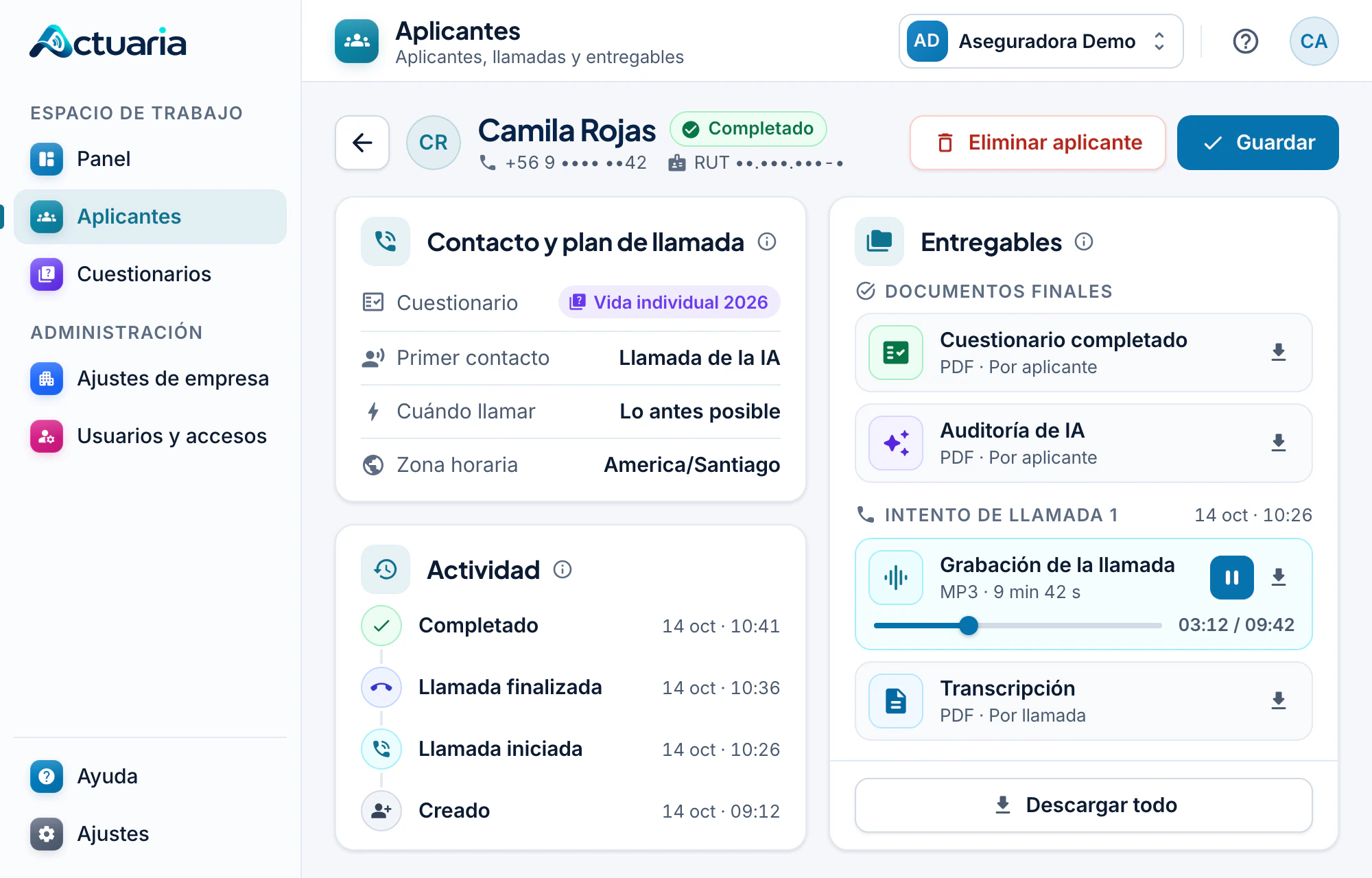Pantalla “Aplicante” de Camila Rojas en estado “Completado”, con los documentos de “Entregables” listos para descargar.