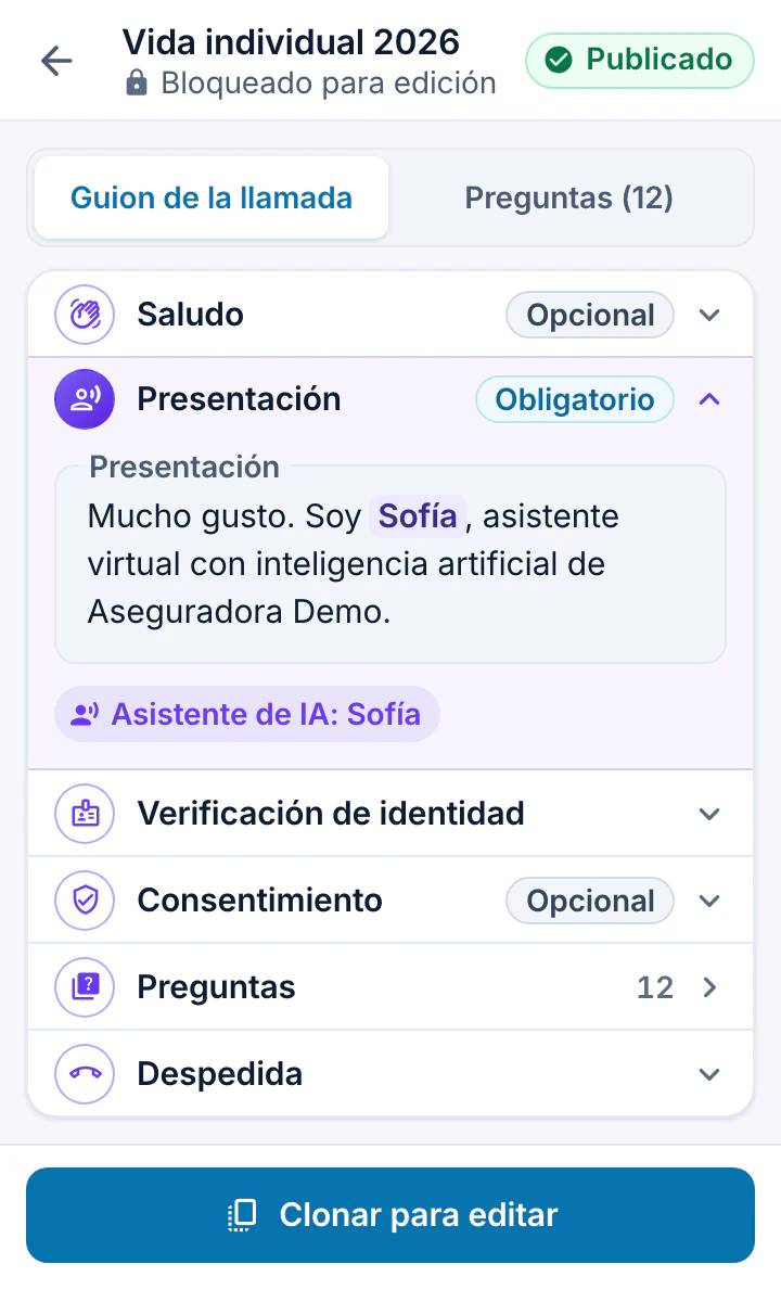 Constructor de cuestionario en la pestaña “Guion de la llamada”, con los pasos Saludo, Presentación, Verificación de identidad, Consentimiento, Preguntas y Despedida.