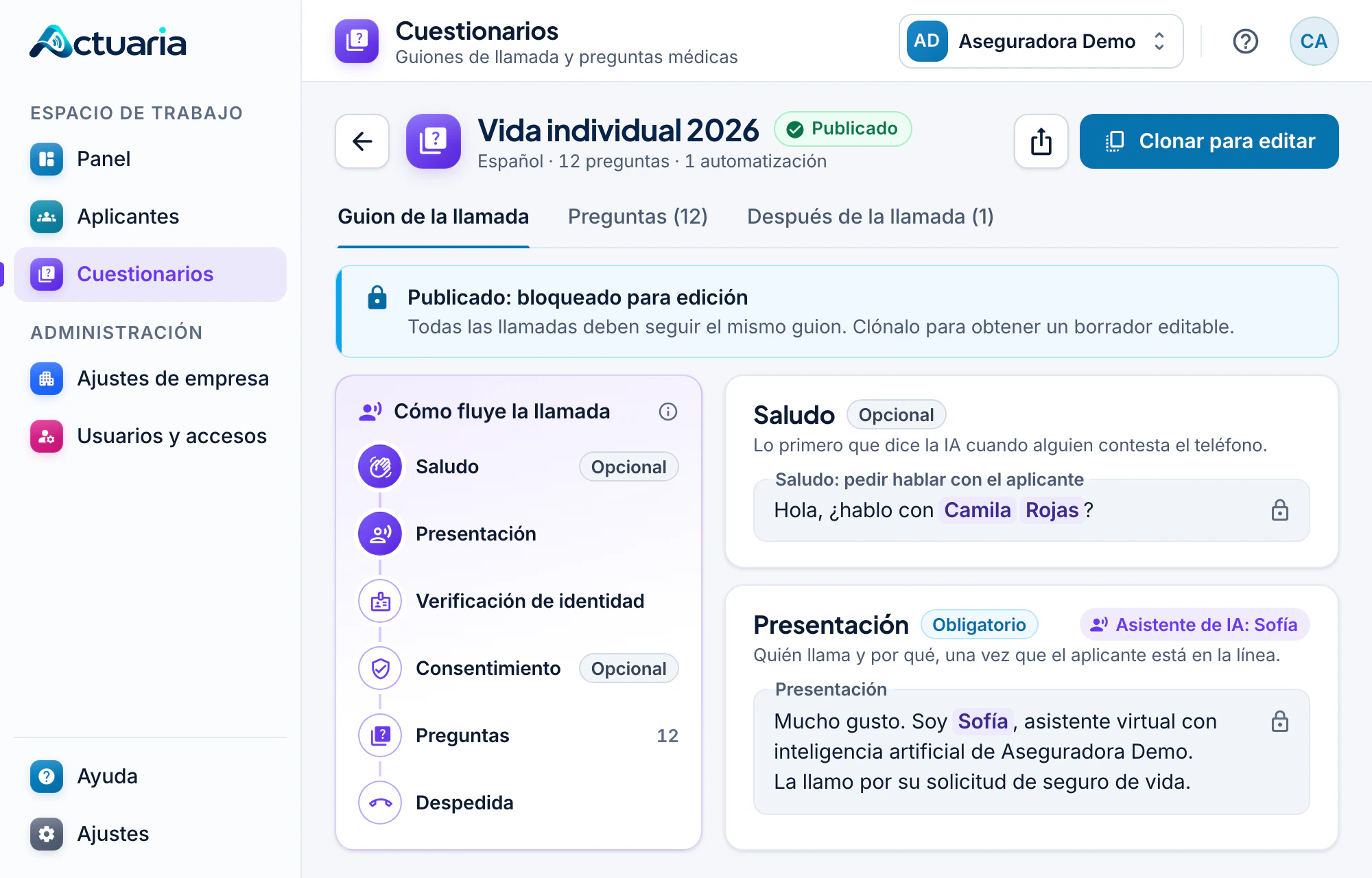 Constructor de cuestionario en la pestaña “Guion de la llamada”, con los pasos Saludo, Presentación, Verificación de identidad, Consentimiento, Preguntas y Despedida.