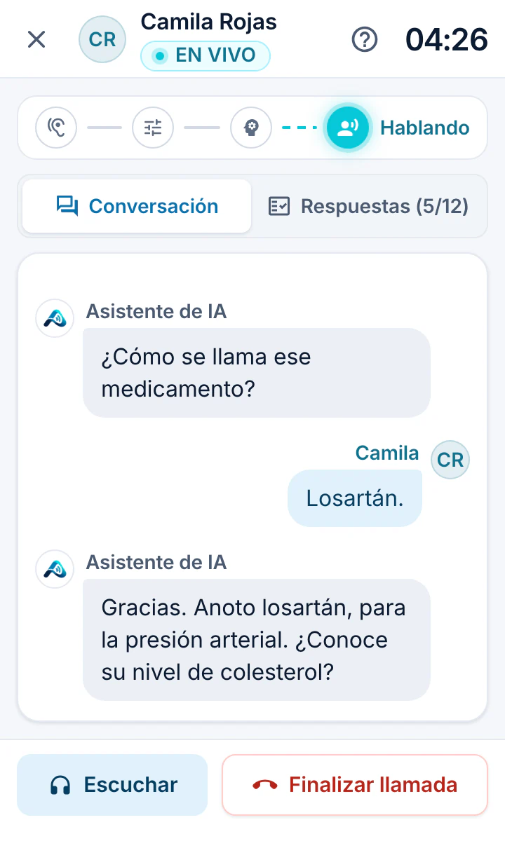 Monitor de llamada con la transcripción en vivo de la conversación entre Sofía y Camila Rojas, las respuestas que se completan en el cuestionario y la etapa del proceso de IA.