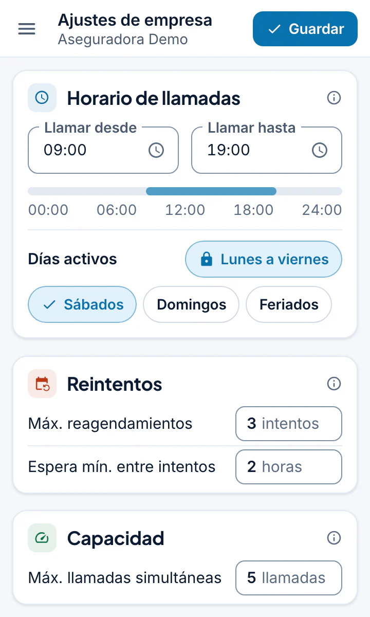 Pantalla “Ajustes de empresa” con el horario de llamadas, los días activos, las reglas de reintento y el máximo de llamadas simultáneas.