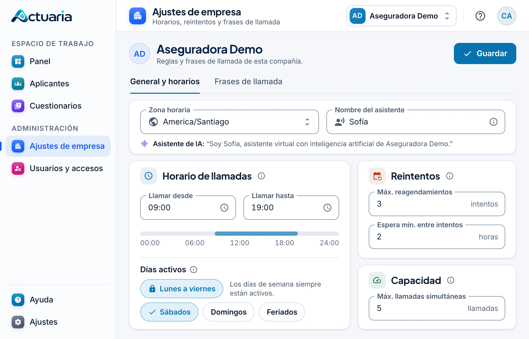 Pantalla “Ajustes de empresa” con el horario de llamadas, los días activos, las reglas de reintento y el máximo de llamadas simultáneas.