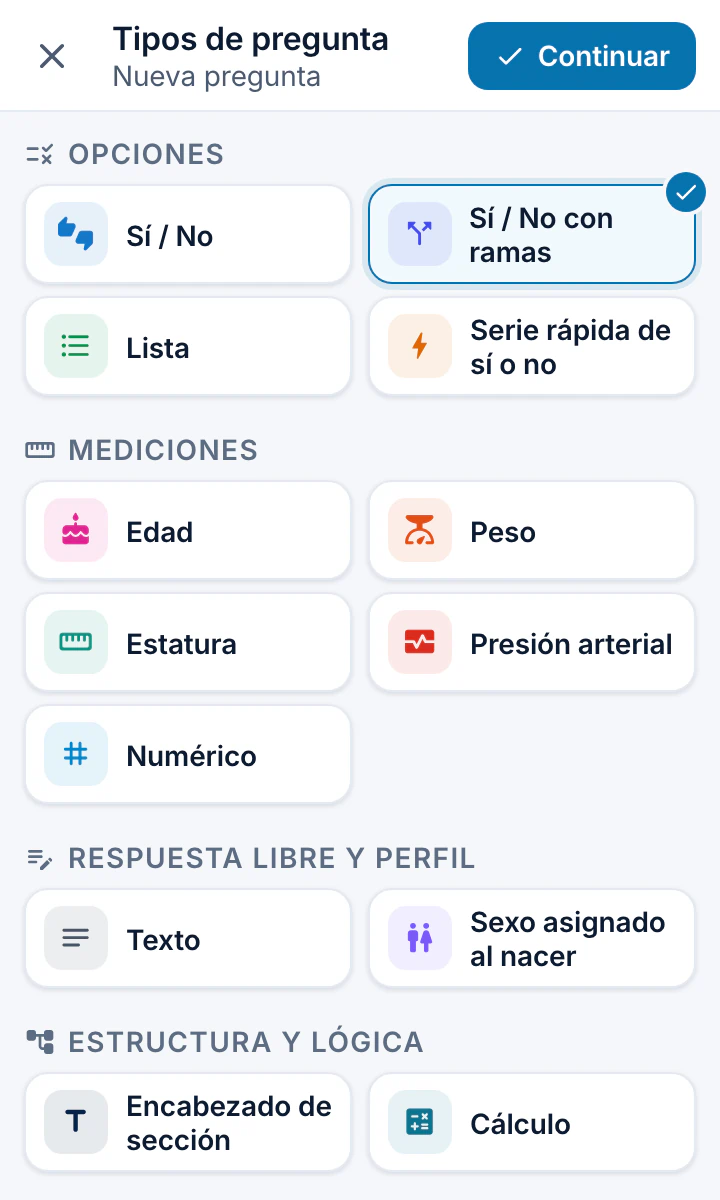 Selector “Tipos de pregunta” con los 13 tipos de pregunta agrupados en Opciones, Mediciones, Respuesta libre y perfil, y Estructura y lógica.